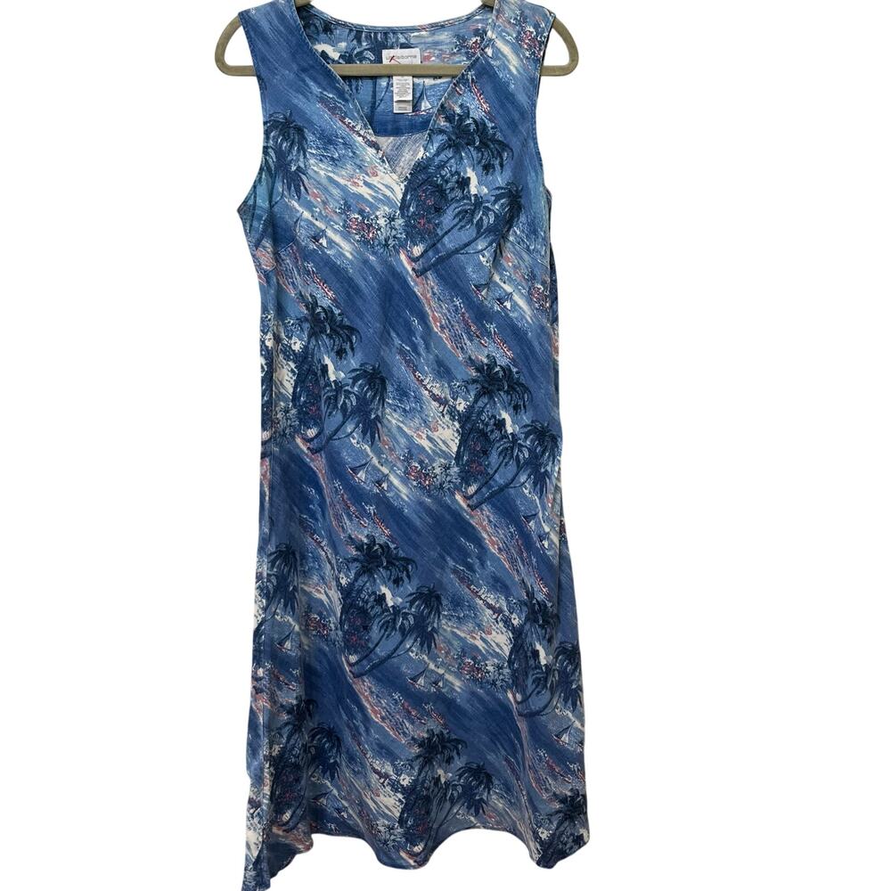 Liz Claiborne Women’s Maxi Dress Sz 12 Linen Tropical‎ Beach Sail Boats/Palm